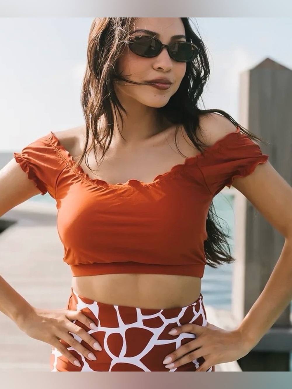 Coral Reef Mo’orea Top Sz 12/14 Rust Off / On Shoulder Ruffle Cropped Bikini Top